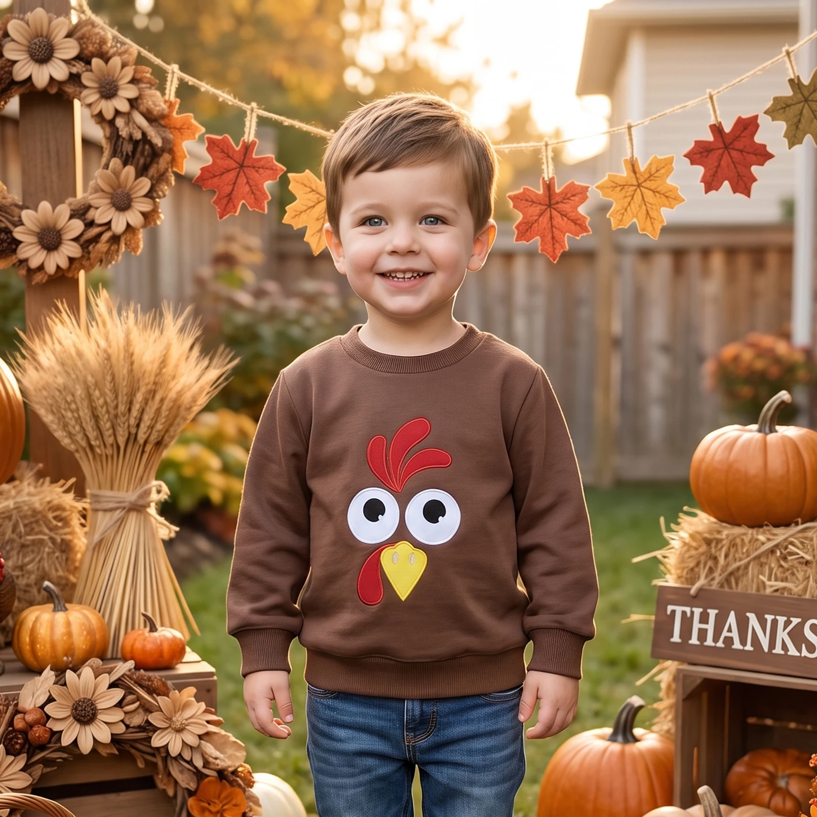 Toddler Baby Thanksgiving Sweatshirt Turkey Embroidery Long Sleeve Pullover