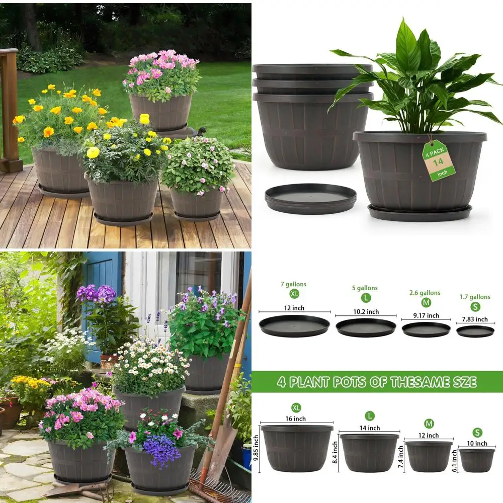 

14 больших пластиковых горшков для растений (для дома и улицы), 4 штуки в упаковке, с дренажом и поддонами, коричневые декоративные садовые кашпо