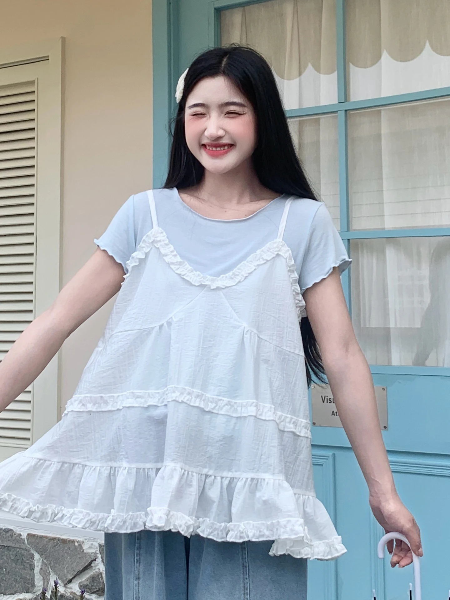 

Sweet Style Japanese Summer Short Sleeve T-Shirt And Camisole Two-Piece Set Women's Doll Shirt Top Breathable Cotton Polyeste...