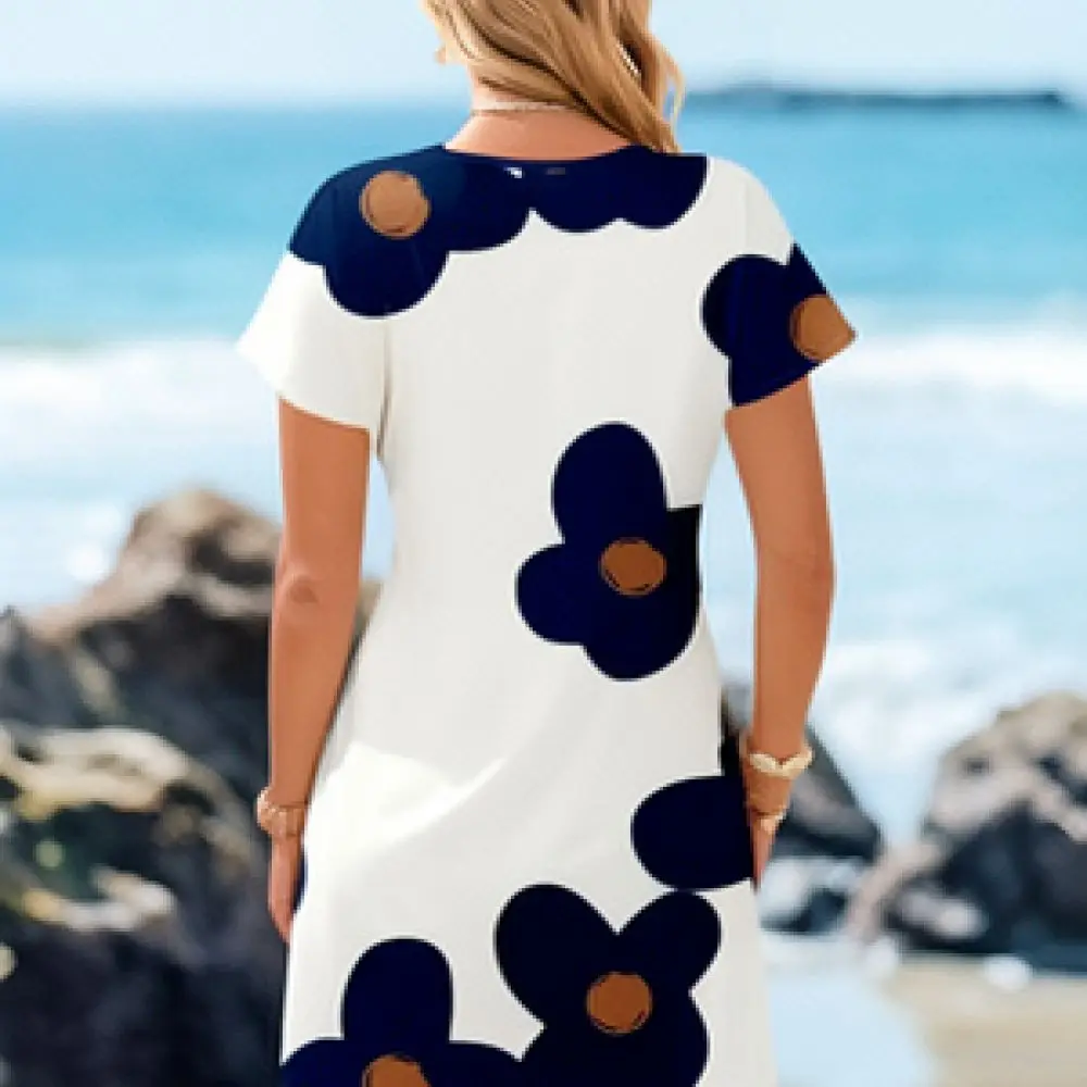 Summer Casual Midi Dress Plus Size Navy Floral Print V Neck Short Sleeve Loose Straight Elegant Breathable Women Clothes