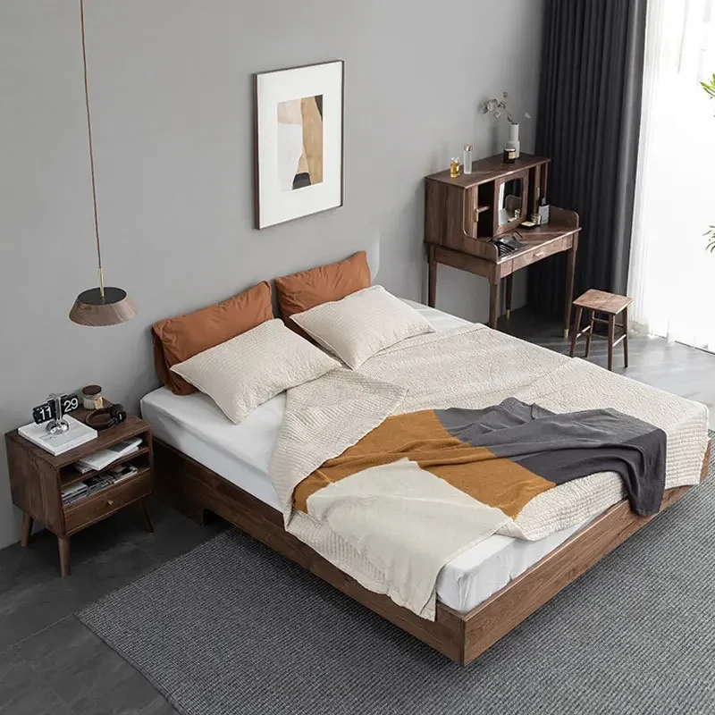 Black walnut Japanese simple no bedside suspended bed Nordic no back with lamp tatami short bed solid wood double bed