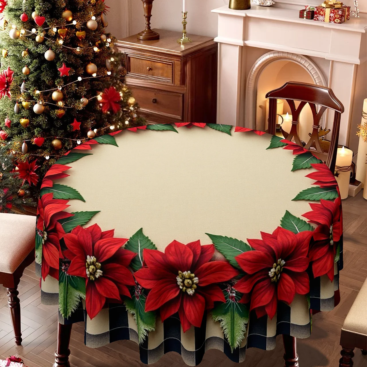 1 round tablecloth, for Christmas - elegant poinsettia wreath with buffalo check, round table cloth