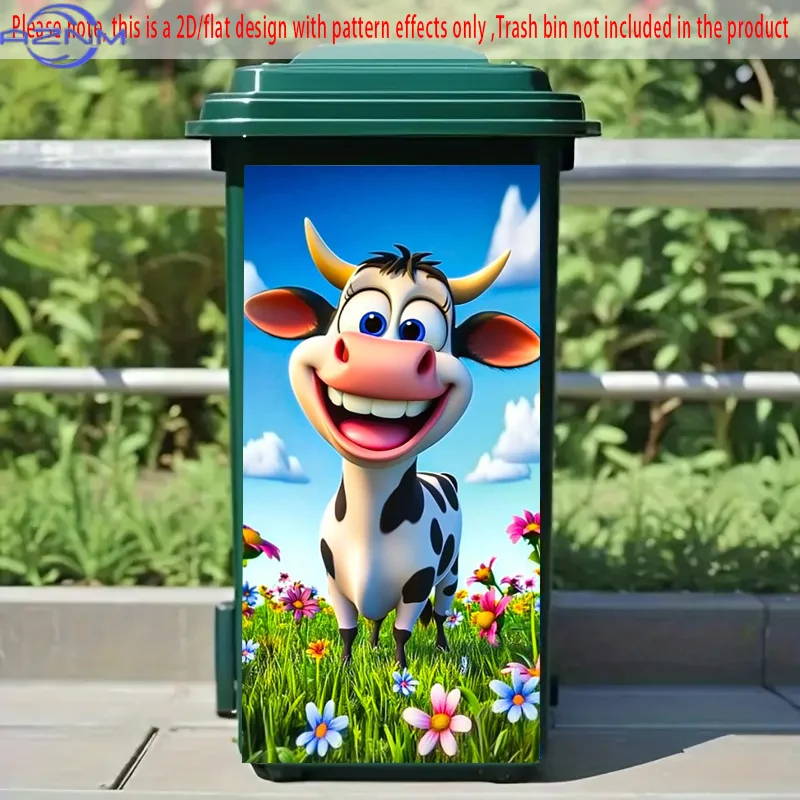Cartoon Cow in a Flower Field Self-Adhesive Dustbin Stickers, Durable, Removable, PVC Decorative Stickers, Wheelie Bin Sticker