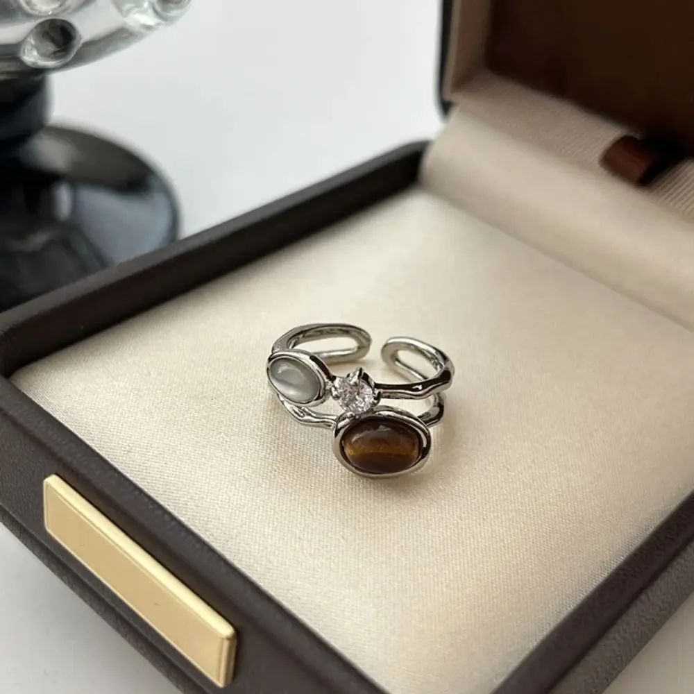 Brown Stone Vintage Tiger Eye Ring Irregular Design Open Ring Zircon Double Layer Ring Double Layer Metal Material