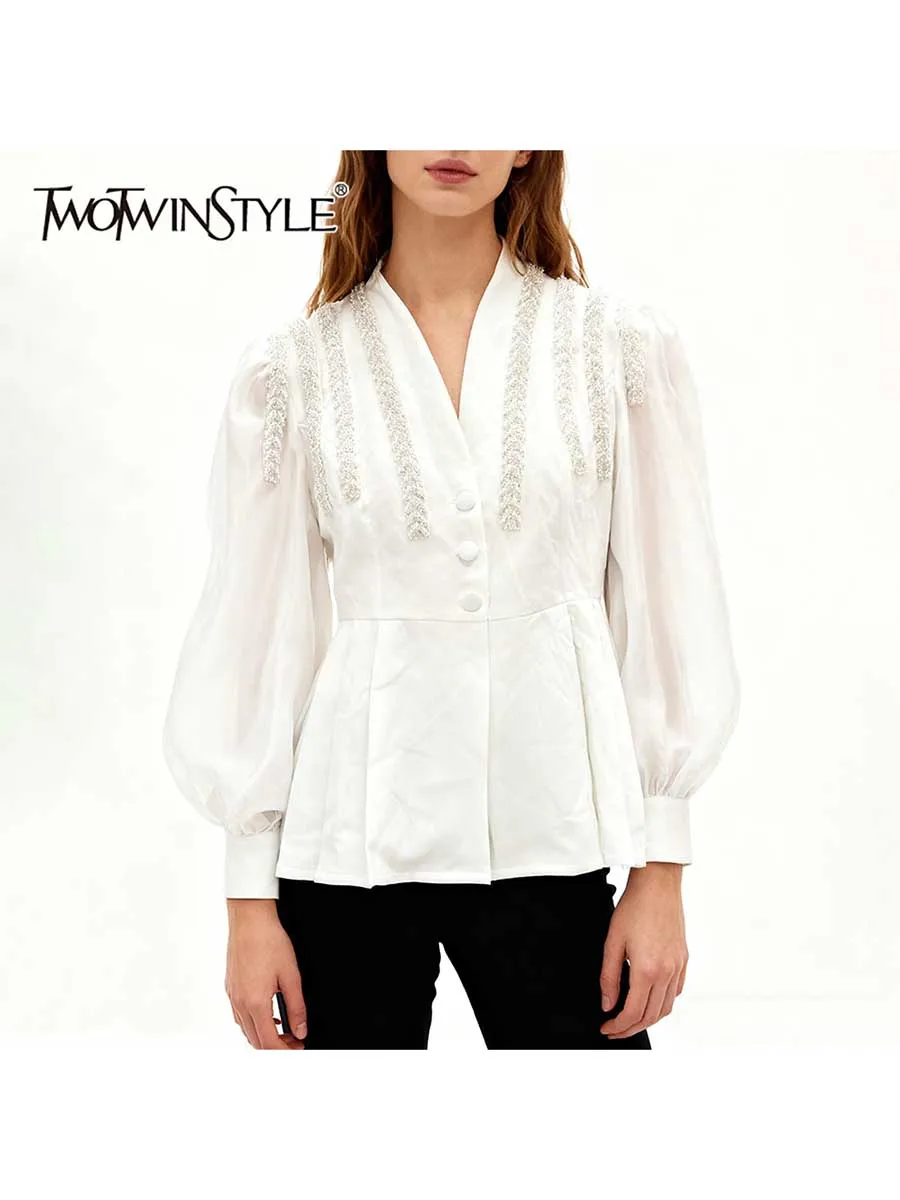 TWOTWINSTYLE Solid Spliced Bead Basics Shirts for Women V Neck Long Sleeves Tunic Patchwork Ruffles Elegant Shirt Female Clothes