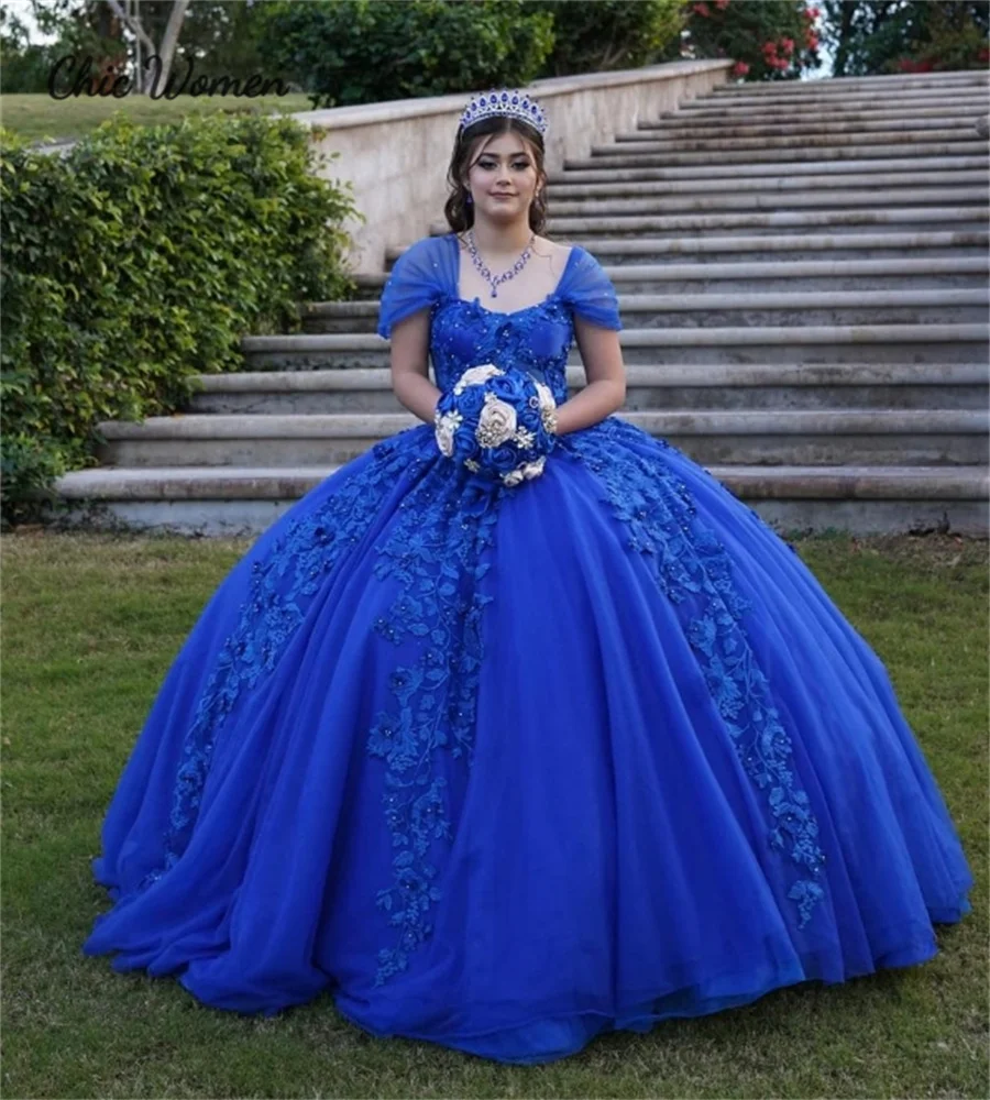 Fancy Royal Blue Quinceanera Dresses With Cape Stunning Customized Lace Ball Gown Prom Dress Elegant Beaded vestidos de 15 años