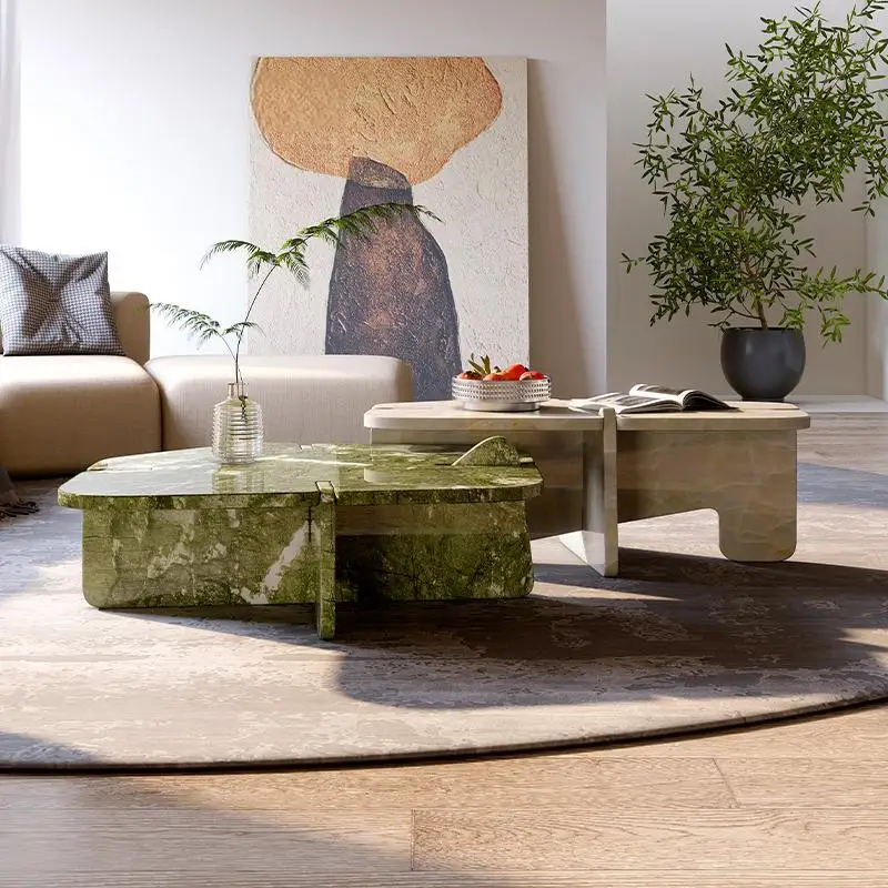 Designer Natural Marble Coffee Table Set, Italian Minimalist High-Low Nesting Tables for Small Space, Heat & Scratch Resistant