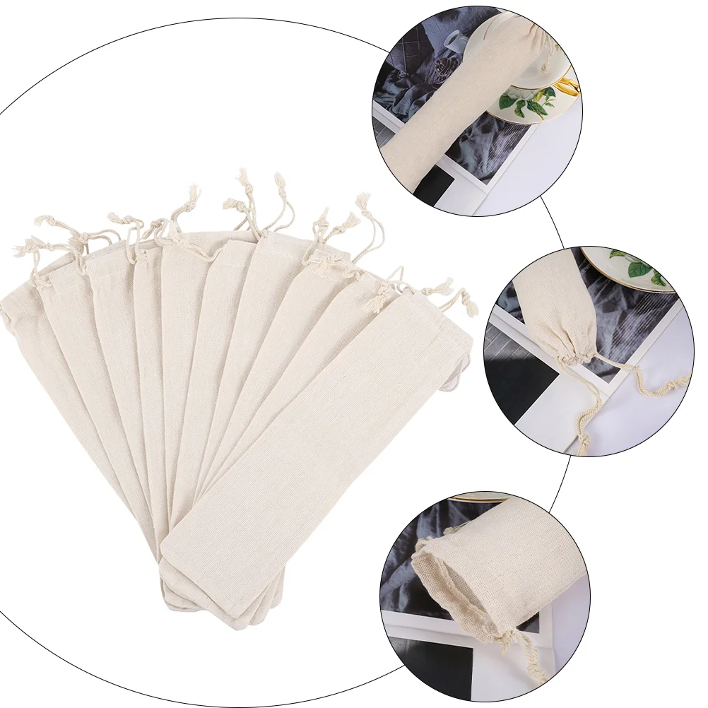 15 Pcs Straw Storage Bag Fork Table Ware Pouch Stainless Steel Linen Reusable Kitchen Drawstring Cotton