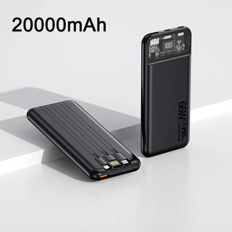 

Power Bank 20000mAh 66W Super Fast Charging Powerbank Built in Cables Portable External Battery Charger For iPhone 14 Xiaomi 11