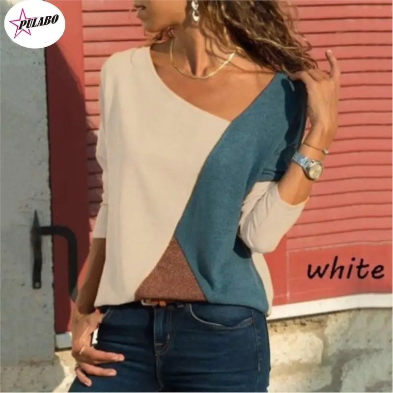 PULABO Women's Color Block Long Sleeve Casual Tunic Tops T Shirt Women T-Shirt Slim O-neck Elegant Tees  5XL Camisetas Mujer y2k