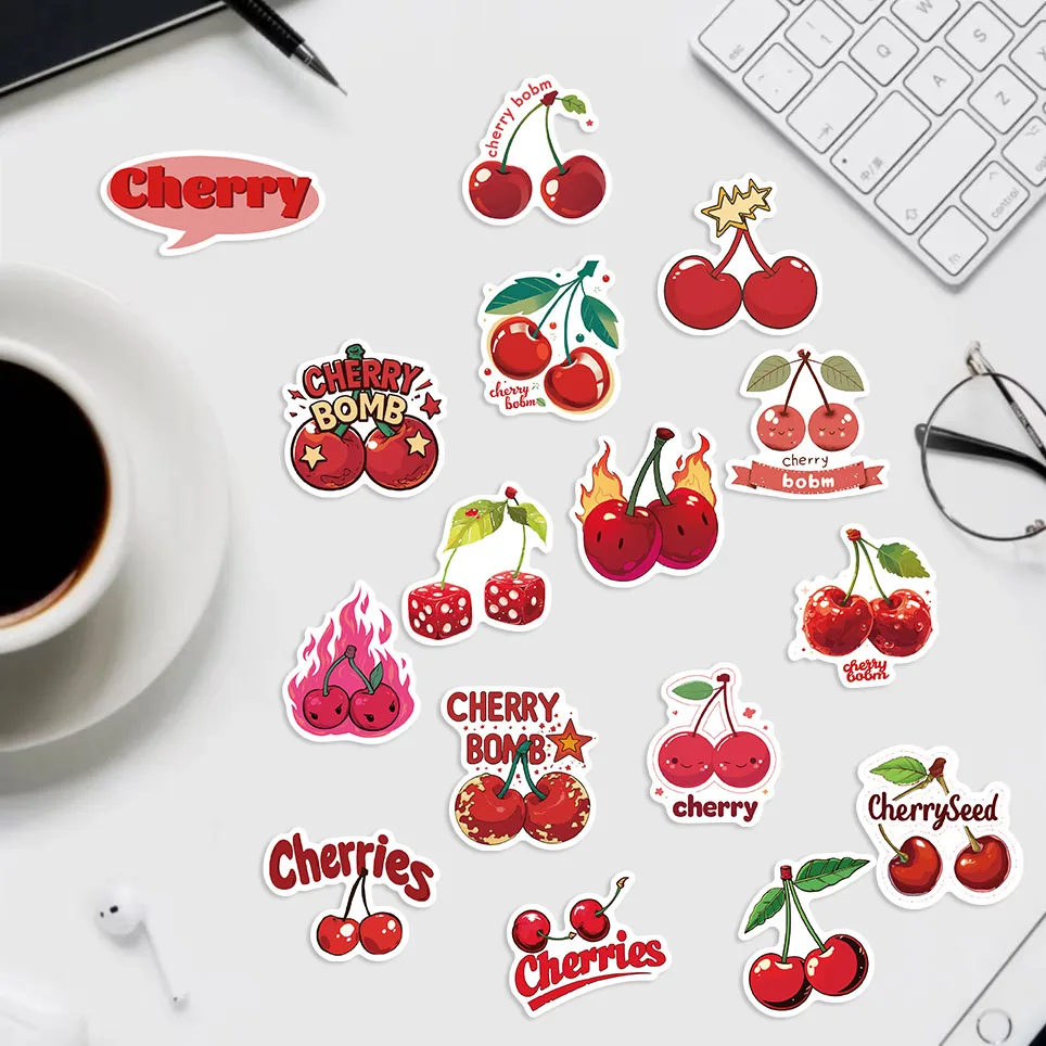 50PCS Red Cherry Graffiti Stickers For Notebook Water Cup Suitcase Guitar Scrapbook Waterproof PVC Classic Decal Decorate