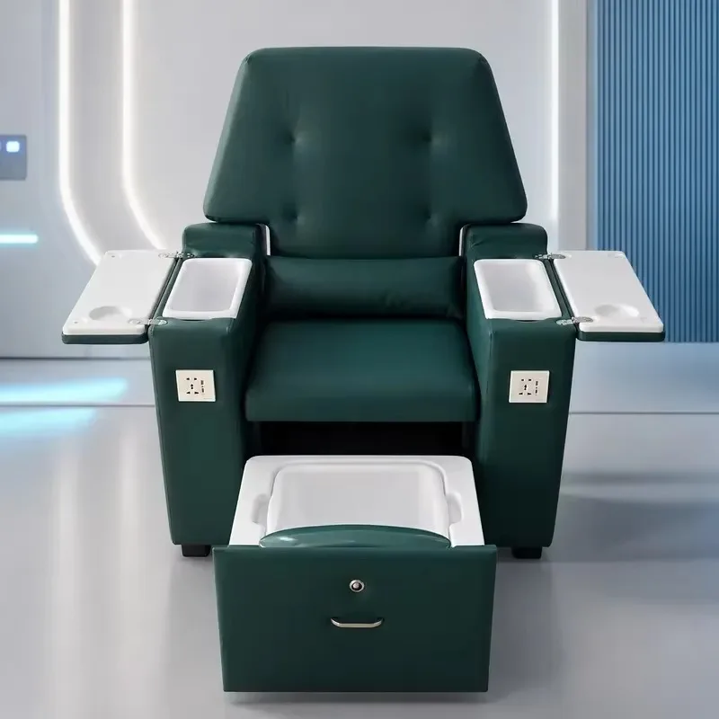 Professional Pedicure Chair Pull-Out Foot Spa Tub with Removable Basin, Power Outlet Armrests, Dark Green Tufted Salon Chair