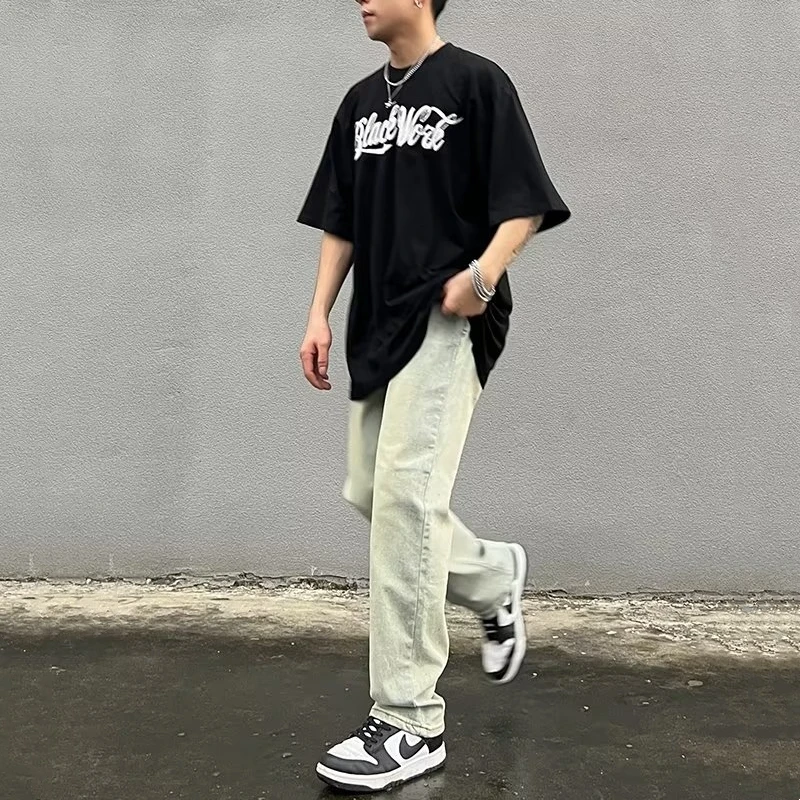 

Fall Large Size 300 Pou American Sle INS High Street Yellow Mud Color Jeans Loose Straight Leg Wide Leg Pants INS Long P...