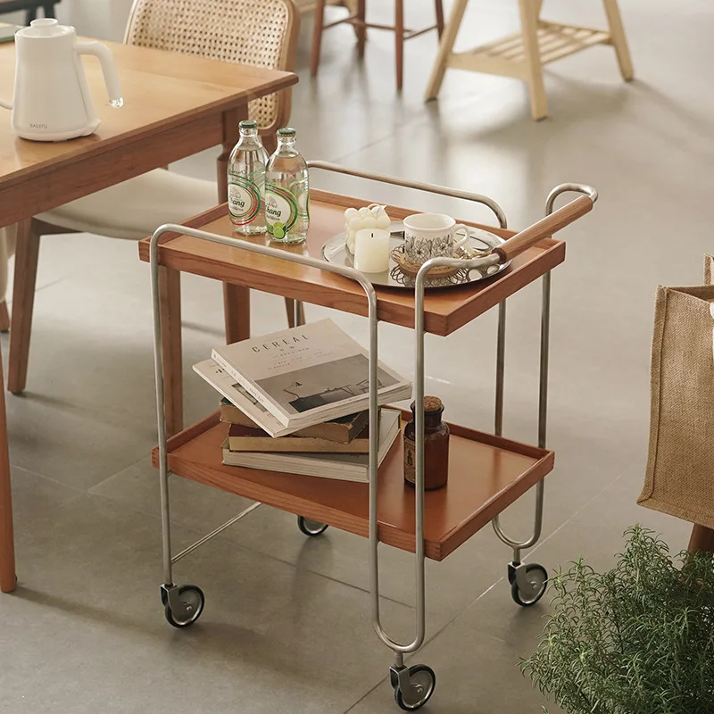 Home living room solid wood cart movable sofa side table, coffee table dining cart