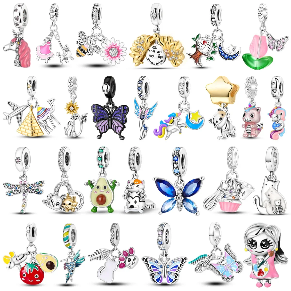 

Original 925 Sterling Silver Cat Dog Flower Animal Butterfly Unicorn Beaded Pendant for Pandora DIY Bracelet Ladies Jewelry Gift