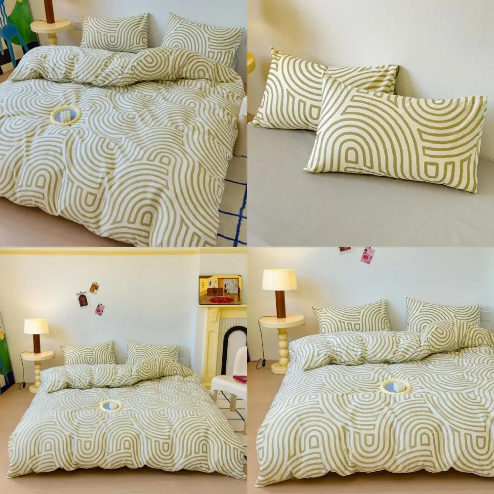 

Комплект пододеяльников из 100% хлопка размера «queen-size» с желто-зелеными изгибами и полосками, подходит для детей, девочек, мальчиков и женщин