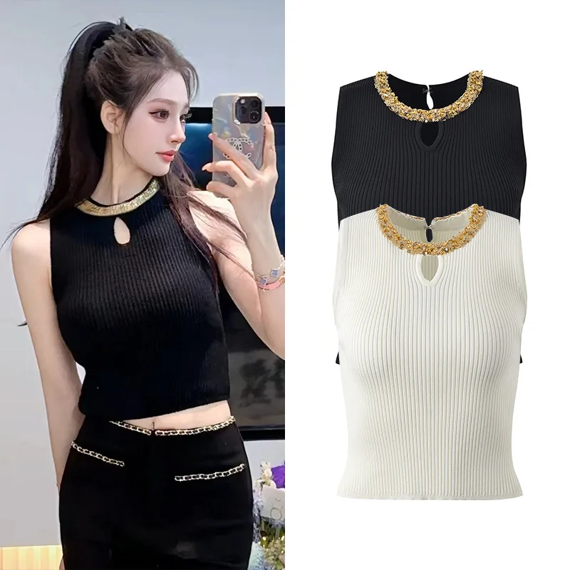 

Вязаный топ с эффектом похудения, сексуальный ажурный дизайн, сливной жилет, модный для женщин, ледяной шелковый материал, летняя одежда