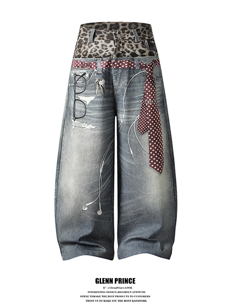 

American Street Sle Leopard Print 3D Printed Jeans Men's Design Sensation Wide Leg Knife Pants Cotton Youth Casual Jeans