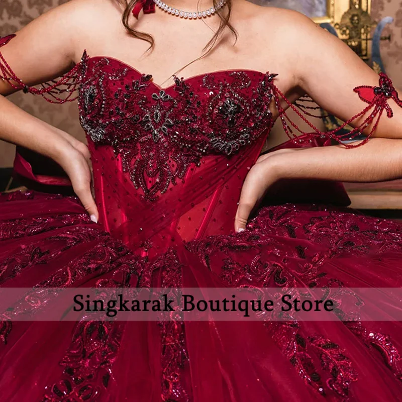 Picture 4: Customized 2026 Red Quinceanera Dress Ball Gown Off The Shoulder Beading Crystal Tiered Tull Sweet 16 Dress Vestios
