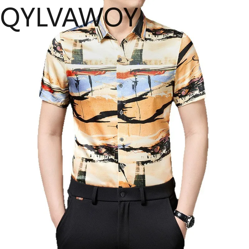 QYLVAWOY High-end Men's Shirts 90% Mulberry Silk Hawaiian Shirts Man Short Sleeve Tops Cool Summer Shirts for Man Printed 고퀄 셔츠