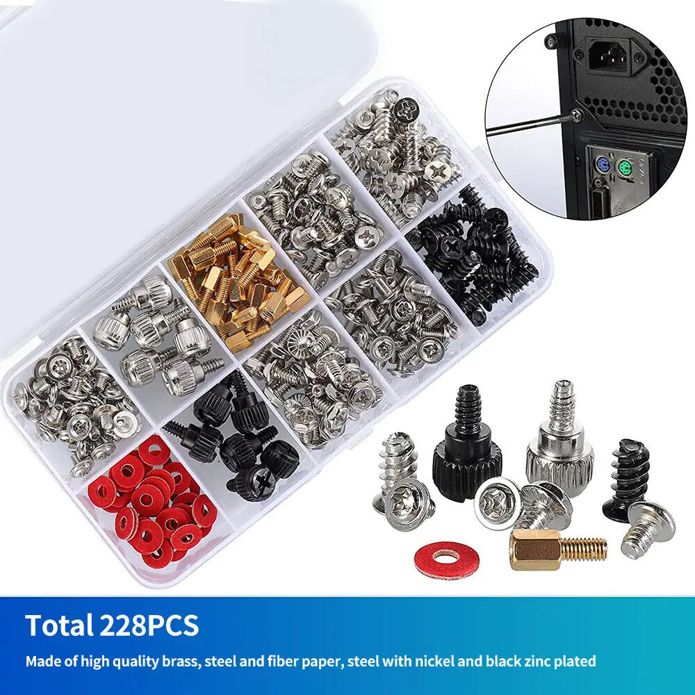 228Pcs Personal Computer Screws Kit for DIY & Repair PC Motherboard Standoffs
