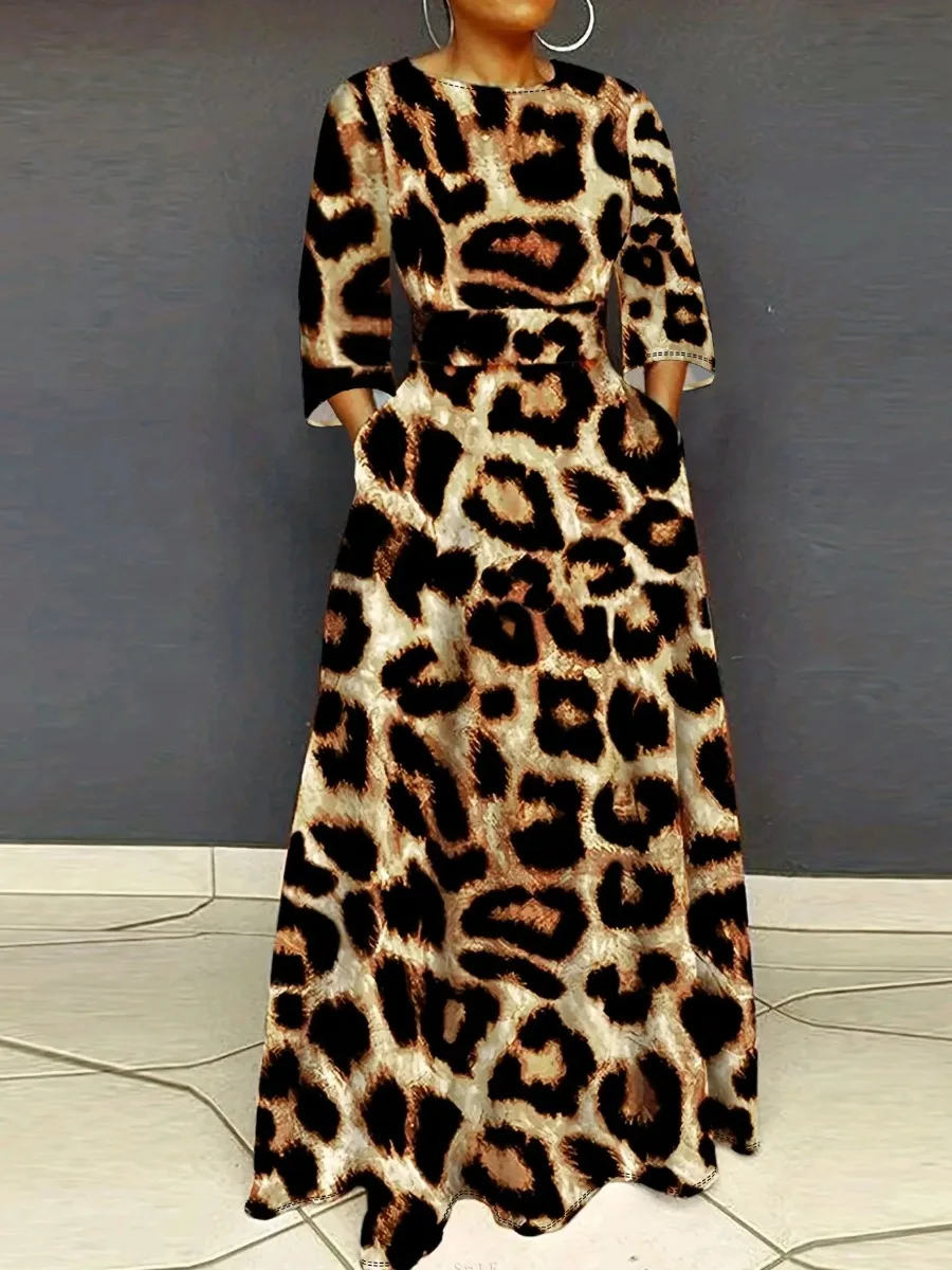 

LW Elegant Maxi Dresses Leopard Print Pocket Design A Line Dress 3/4 Sleeve Loose Floor Length Dress Lady Chic Party Club Robe