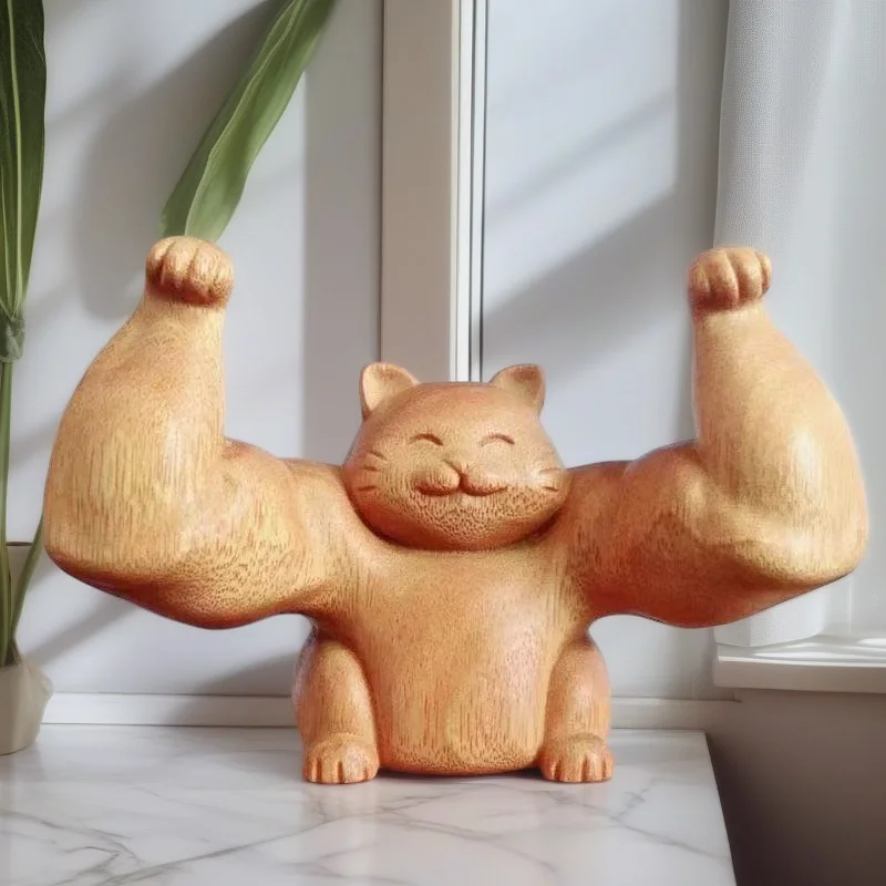 Wood carving Hercules Cat ，Muscles attract wealth Cat figurine Cute Home Room Office Fitness ornaments Featured Gift