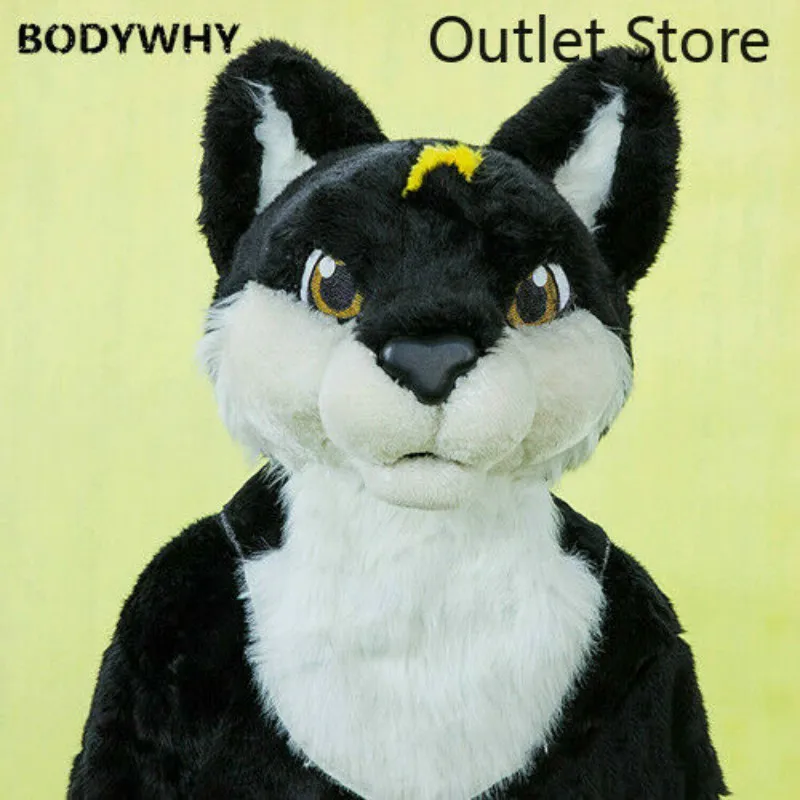 Black Long Fur Husky Fox Dog Wolf Fox Mascot Costume Cosplay Party Fursuit Cartoon Dress outfit Carnival Halloween Xmas Ad