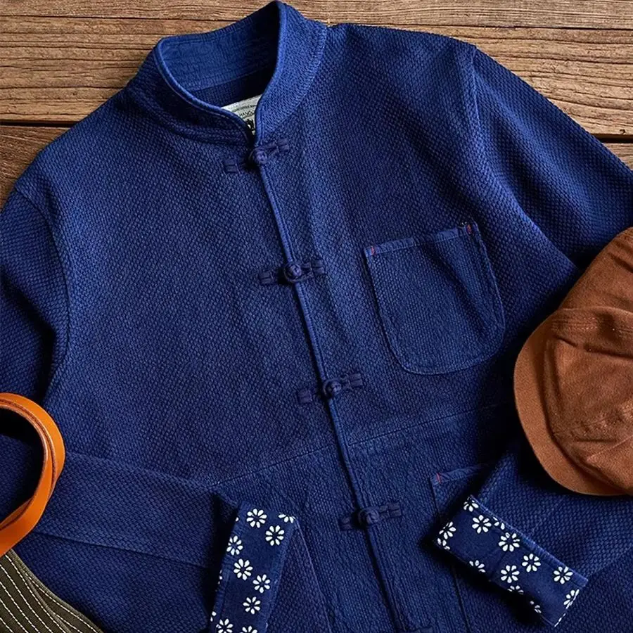 Plant Blue Dye Indigo Chinese Style Buttoned Cotton Long-Sleeved Shirt Casual Stand-Up Collar Retro Tang Suit Jacket
