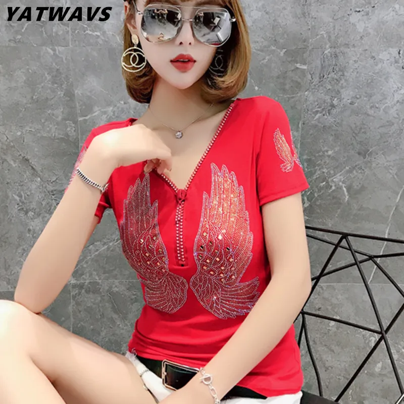 Streetwear Hip Hop Short Sleeve T Shirt Women V Neck Zipper Sexy Diamonds Casual Tees Femme Diamonds Cotton Girl T-shirt Tops