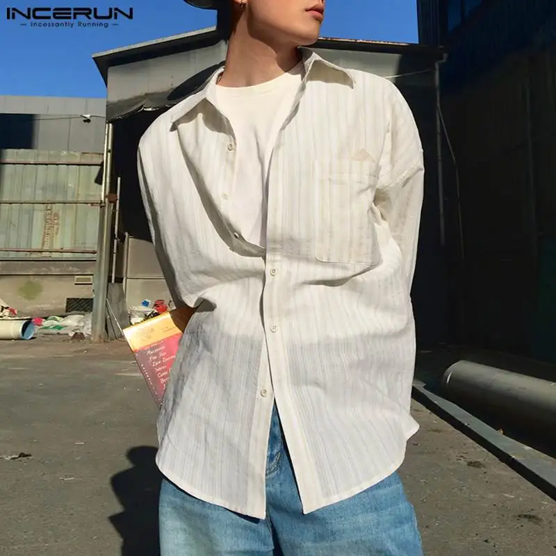 INCERUN Men Shirt Striped Patchwork Lapel Long Sleeve Loose Korean Men Clothing Streetwear 2024 Fashion Casual Male Shirts S-5XL