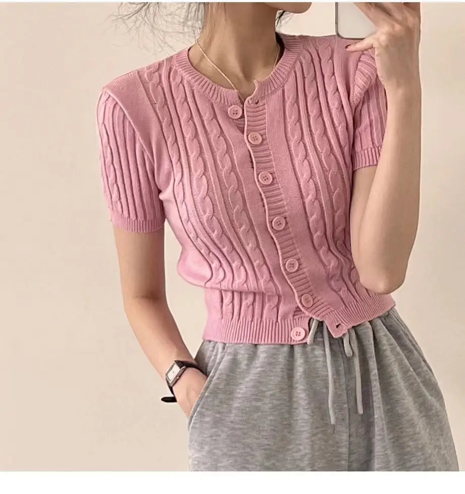 Knitted Sweater Sueters Mujer Green Short Sleeve Cropped Cardigan Vintage Slim Tops  Twists Sweaters Women Y2k Clothes