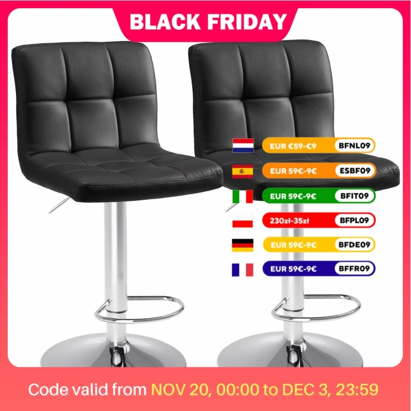 JHK PU Leather Bar Stools Set of 2,Upholstered Counter Height Bar Stools,SGS Certified Gas Gylinder Comfortbale Backrest