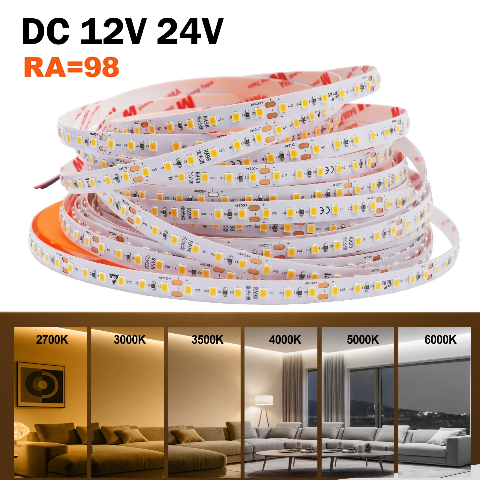 

12V 24V LED Strip Light RA98 2835 120LEDs/m Flexible Tape Home Decor Full Spectrum LED Lamp 2700K 3000K 3500K 4000K 5000K 6000K