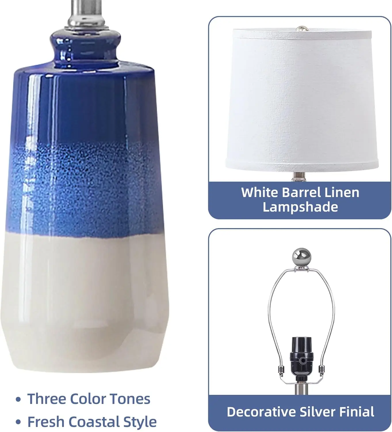 Ensemble de 2 lampes de Table en céramique bleue avec abat-jour en baril blanc pour table de chevet, salon, chambre à coucher, décor côtier