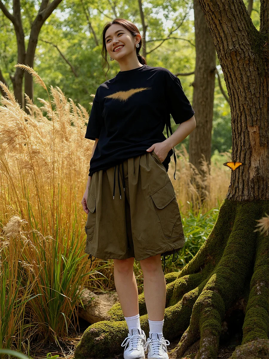 Pantaloncini multitasche a gamba larga Donna Office Lady Elegante A-Line Bottoni classici Vita alta Moda Chic Streetwear Preppy Dimagrante