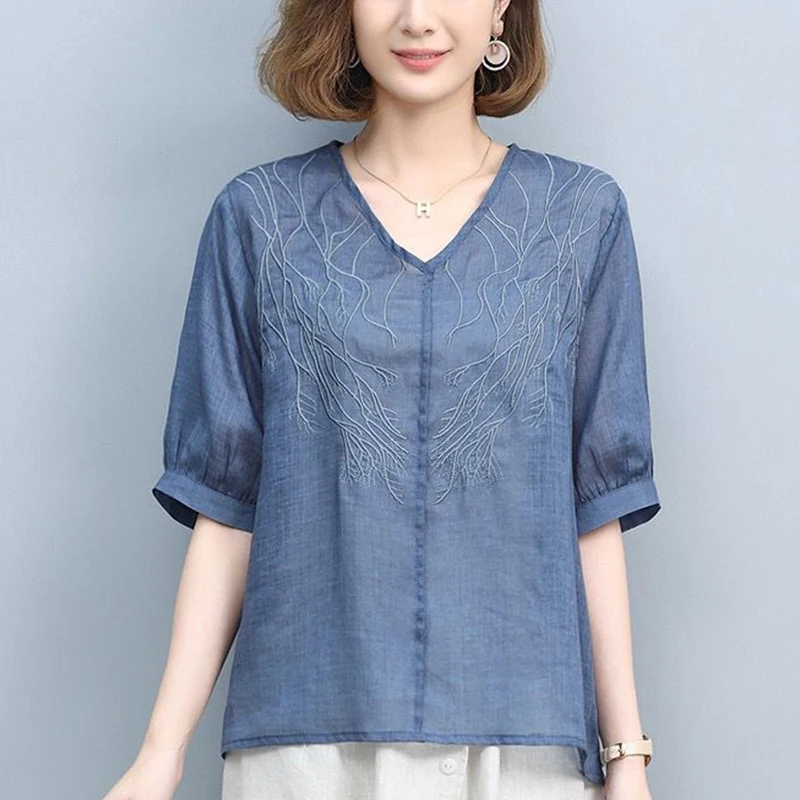 Summer New Cotton Linen Embroidery Loose Casual Pullover Top Women Solid Color Fashion Oversized Shirt Ladies Comfortable Shirt