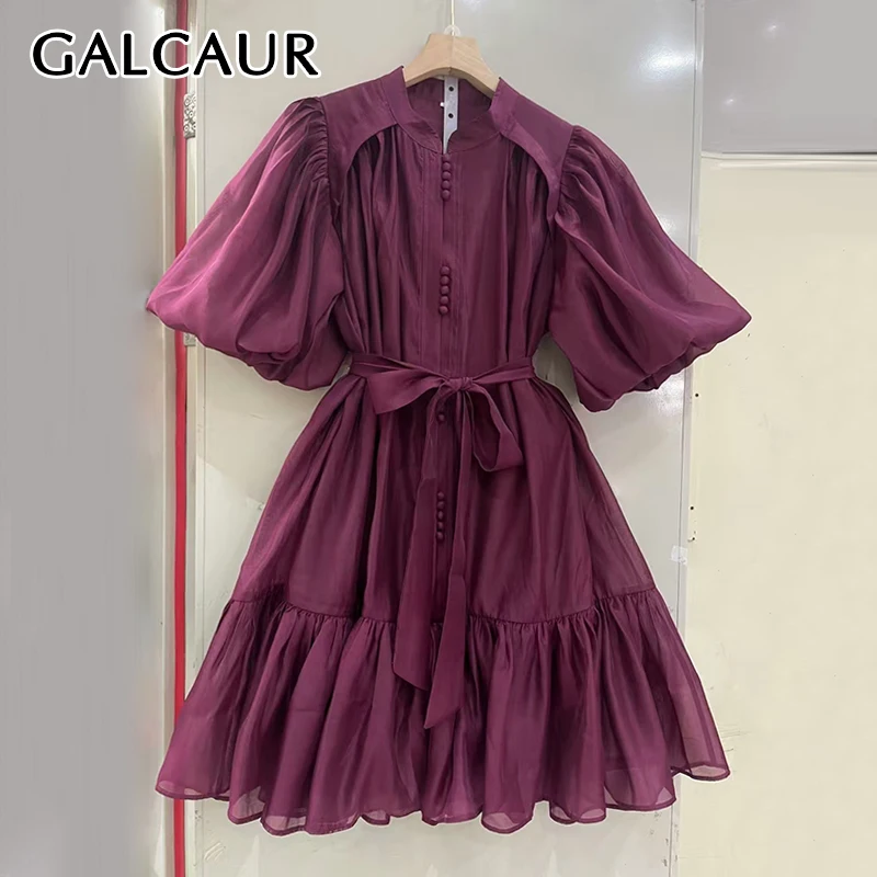 

GALCAUR Solid Loose Spliced Lace Up Dresses for Women Round Neck Short Sleeves Patchwork Mesh Tunic Dress Female Clothing New