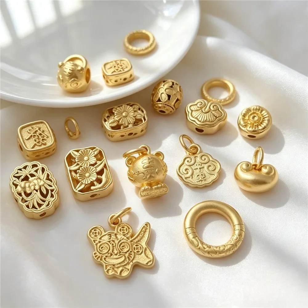 Brass Vintage Matte Sand Gold Chinese Auspicious Spacer Beads Ruyi Tiger Head Heaven Earth Beads For Braided Cord