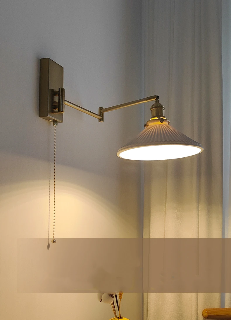 IWHD Nordic Modern LED Wall Sconce Left Right Rotate Pull Chain Switch Bedroom Restaurant Bar Beside Lamp Ceramic Stair Light