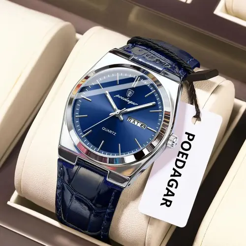 Reloj de pulsera POEDAGAR de lujo a la moda para hombre, Reloj luminoso resistente al agua con fecha y semana para hombre, relojes simples de cuero de cuarzo para negocios para hombre