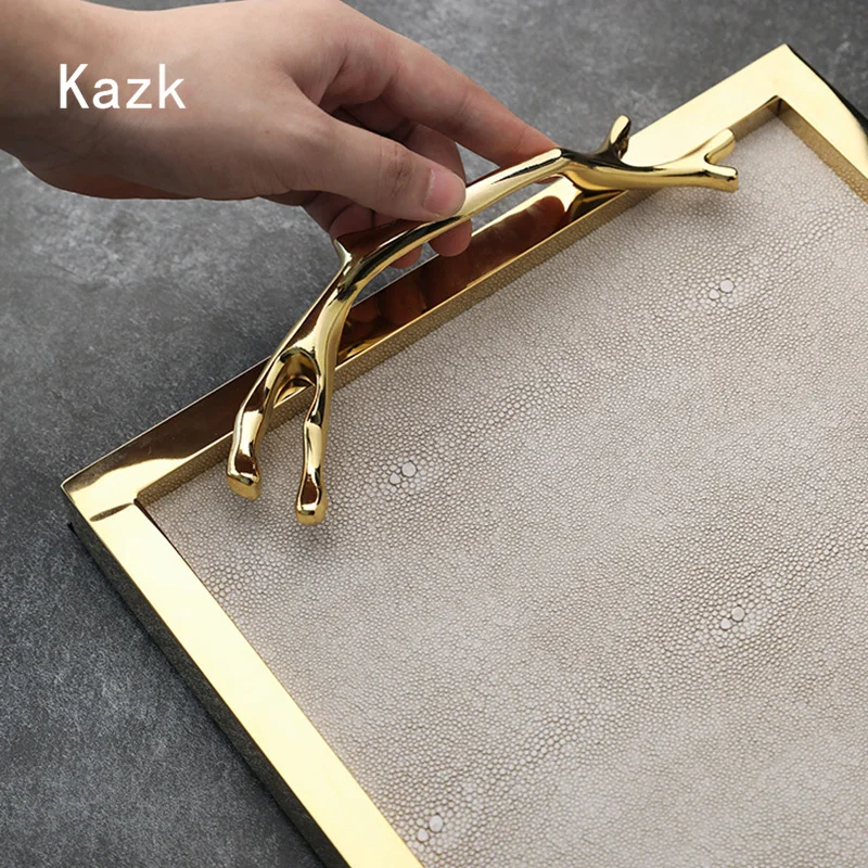 Golden Frame Leather Trays Decorative with Handle Household Wine Set Cup Storage Tray Living Room Decoration Coffee Table Tray