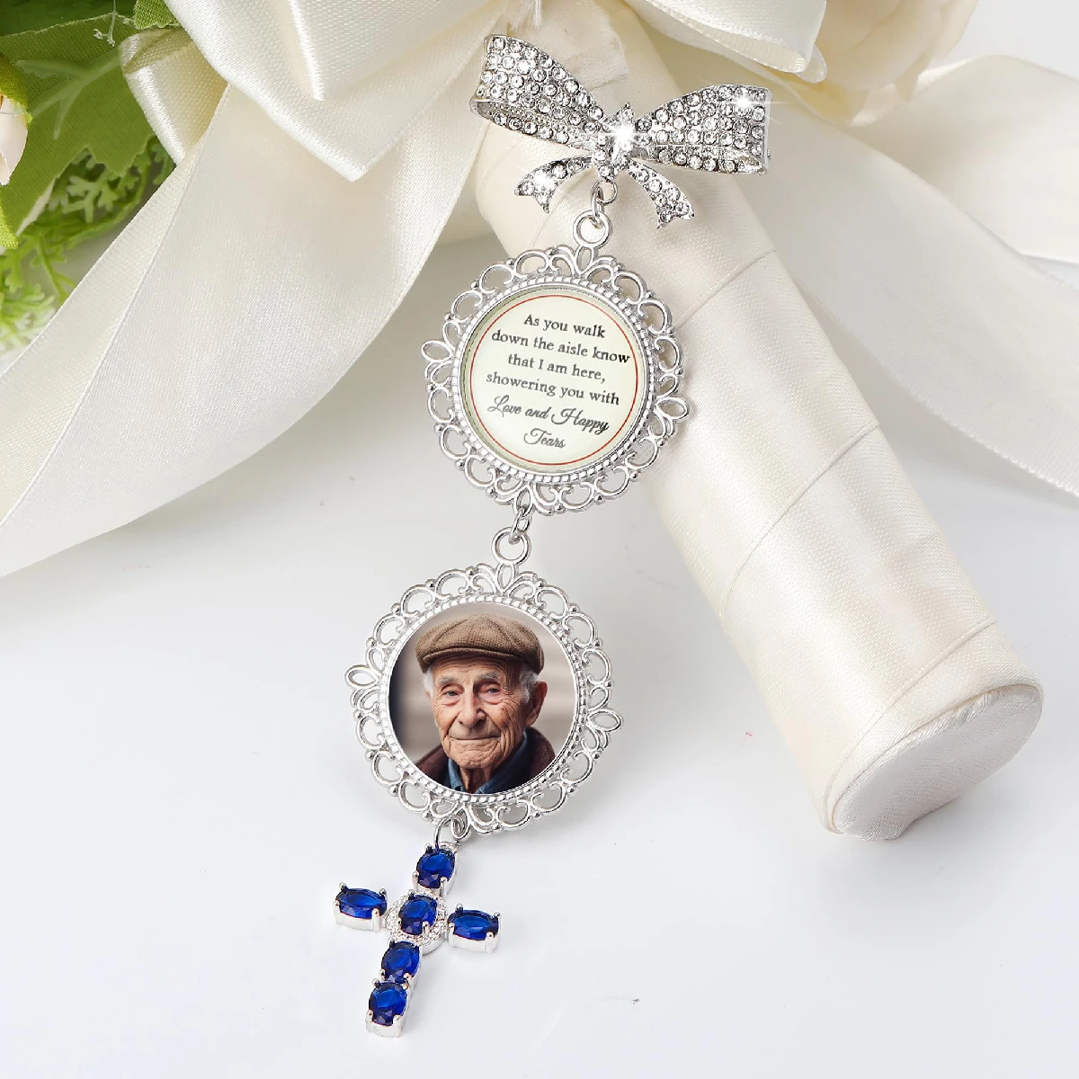 Something Blue Bridal Bouquet Photo Charm with Blue Cross Frame, Memorial Wedding Keepsake for Bride Shower Gift & Graduation De