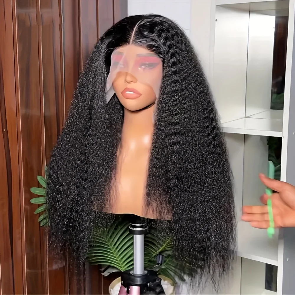 13x4Lace Front Wig Soft 28Inch 180Density Natural Black Kinky Straight  For African Women With Baby Hair Preplucked Glueiess