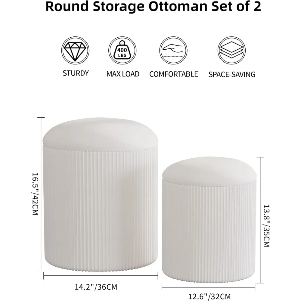 Round Storage Ottoman Set of 2 for Bedroom Living Room Dorm, Multifunctional Beige Velvet Ottoman Foot Rest Stool Coffe