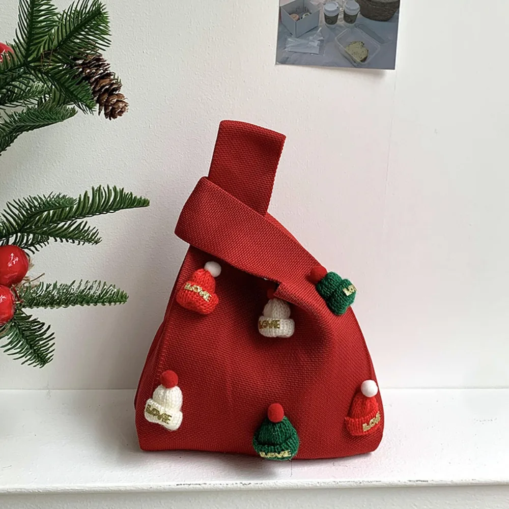

Simple Christmas Hat Knot Wrist Bag Printed Weave Tote Bag Handbag Wool Festival Gift Bag Girl