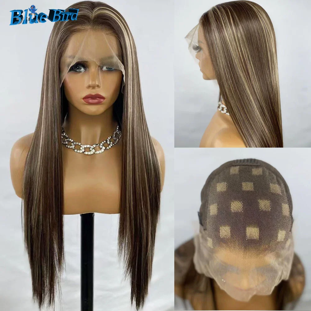 

BlueBird Highlights 13X6 Long Silky Straight Synthetic Lace Front Wig Glueless Synthetic Half Hand Tied Wigs 6inch Deep Part Wig