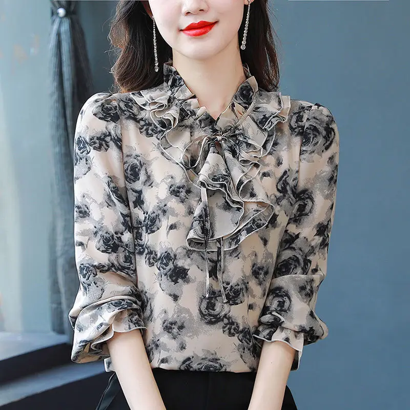 Women\'s Korean Fashion Silk Ruffles Bow Floral Printed Blouse Vintage Elegant Lace Up Shirt Female Casual Long Sleeve Loose Tops