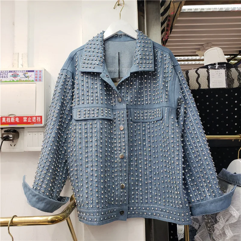 

Vintage Blue Heavy Work Diamonds Denim Jacket Women Loose Short Cowboy Outerwear Chaqueta Mujer Long Sleeve Jeans Jacket Female