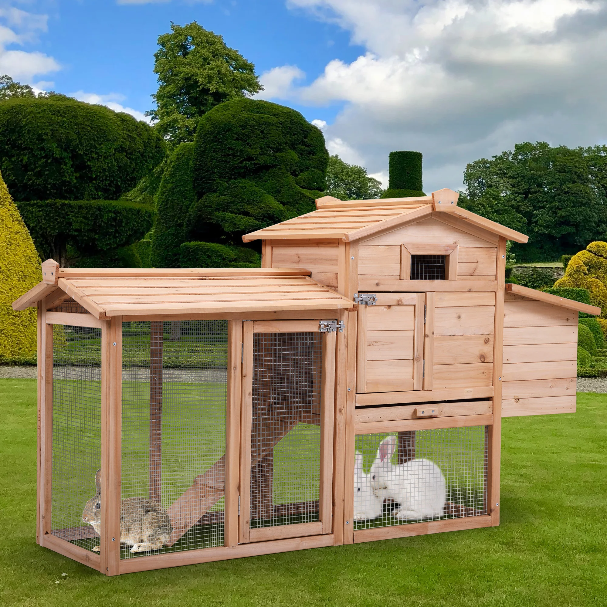 

Rabbit Hutch Chicken Coop Outdoor Wooden Pet Bunny House with Ventilation Gridding Fences Openable Door Crib for 2 Rabbits